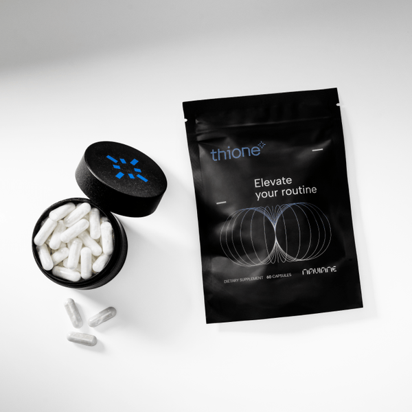 Black Thione pouch and jar against a light grey background.